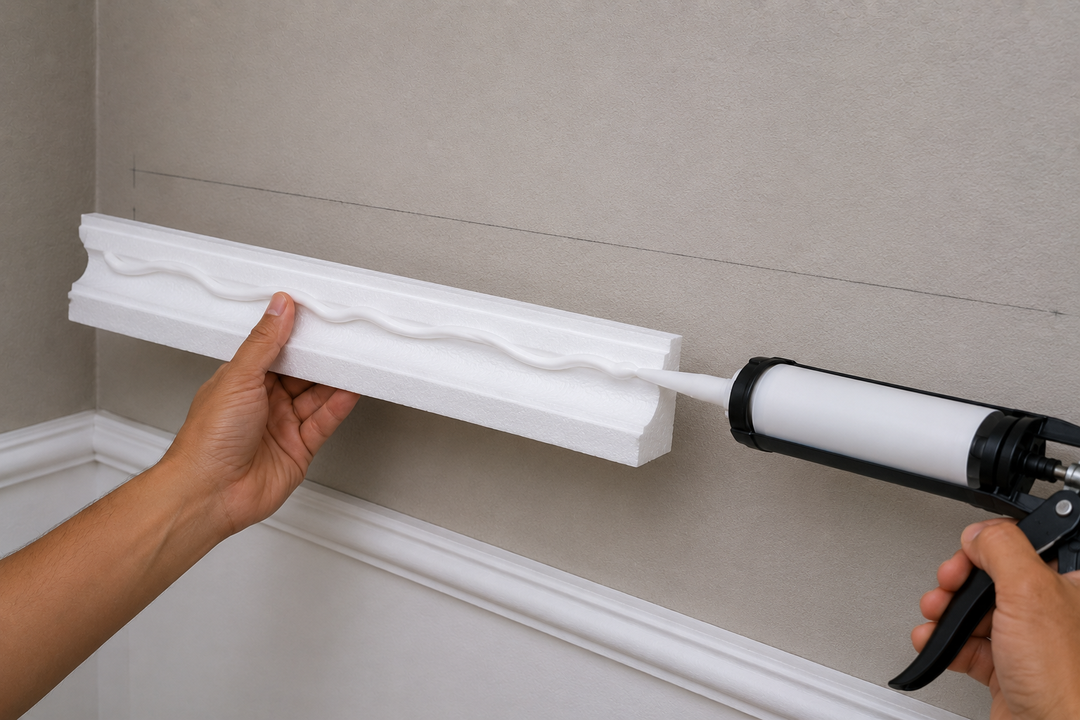 Aplicación de adhesivo compatible para pegar cenefas de unicel EPS en pared